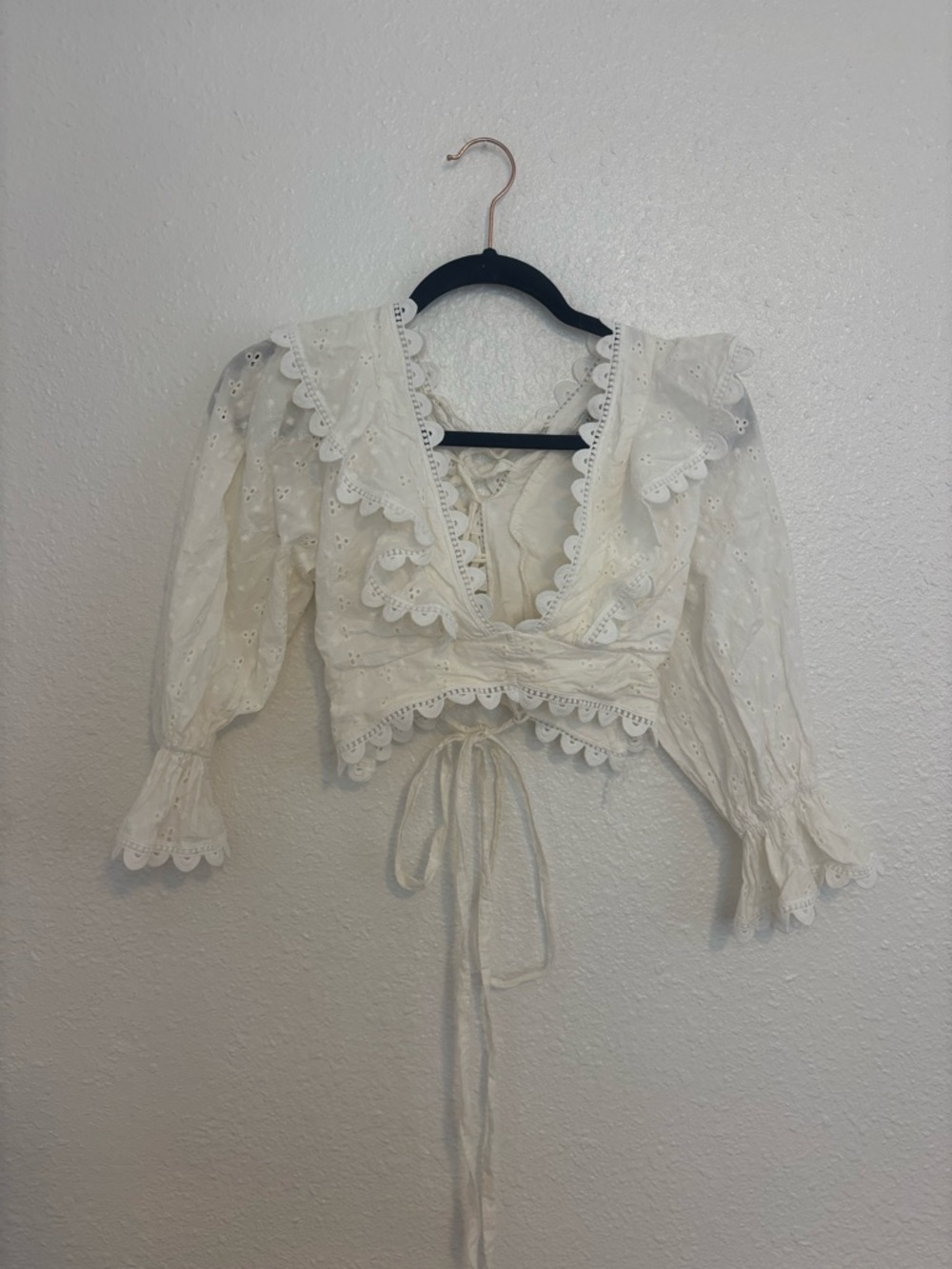 Ivory Eyelet Lace Wrap Crop Top with Scalloped Trim